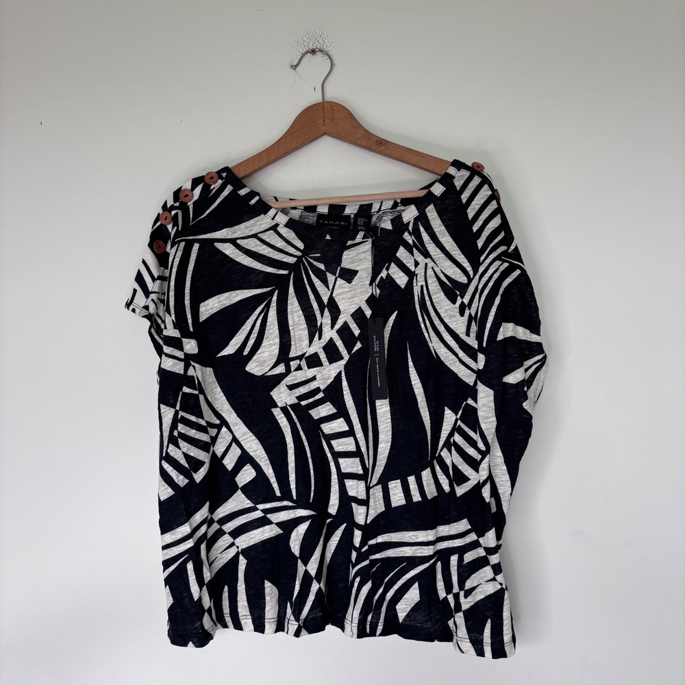 NWT TAHARI Linen Black and White Floral Dolman Sleeve  Button Shoulder Size XL